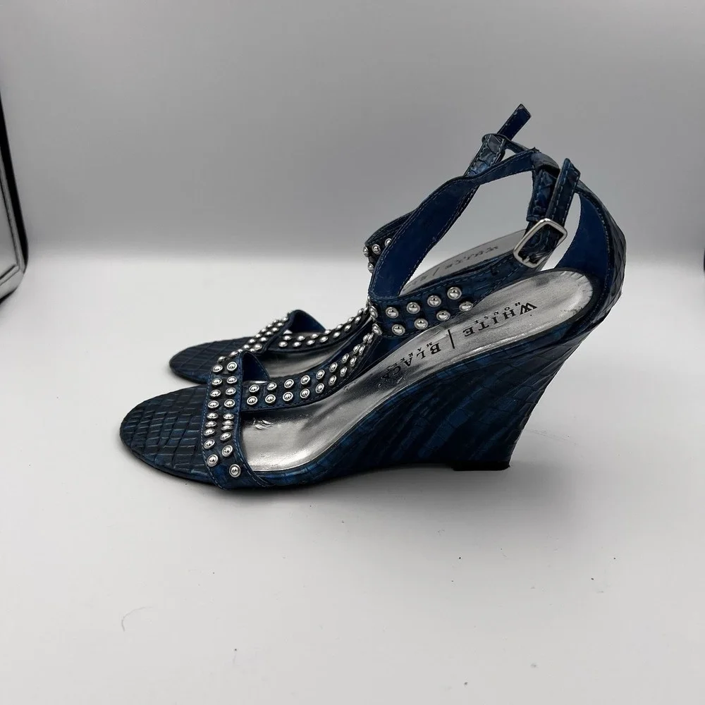 White House Black Market Paris Blue Studded Ankle Strap Wedges‎ Size 9.5